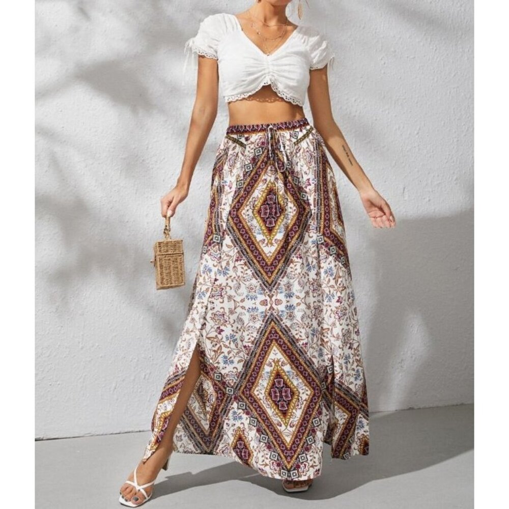 Graphic Print High Split Skirt Bohemian Maxi‎ Small New